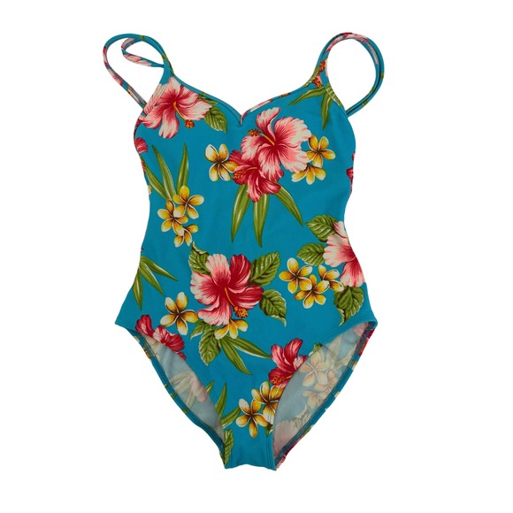 Liz Claiborne Other - Liz Claiborne One Piece Swimsuit Teal Tropical Floral Hibiscus Plumeria Women's‎